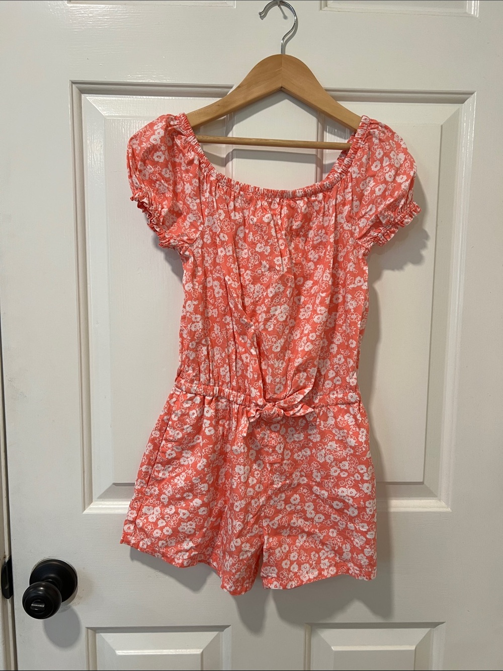 GAP Kids Coral and White Floral Puffy Sleeve Romper